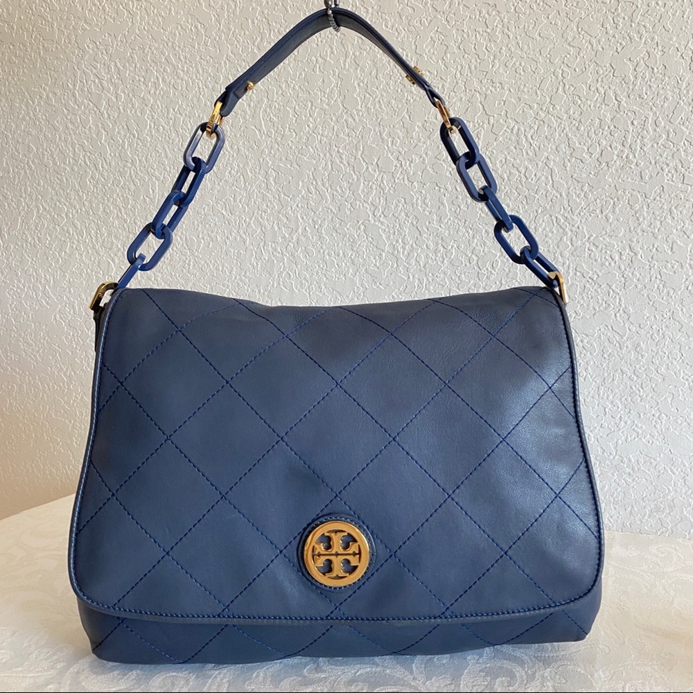 Tory Burch navy quilted chain strap flap shoulder bag